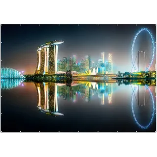 Wallario XXL Outdoor-Poster für Garten oder Balkon, Motiv Singapur bei Nacht, in ca. 400 x 280 cm - Schwarz