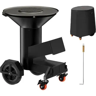 Großer Raketenofen mit Plancha Grillplatte 60cm, BBQ Feuerplattengrill Feuerschale mit Feuerplatte Holzkohlegrill für Terrasse & Garten, inkl. Rädern, Ascheschieber und Abdeckung, Schwarz