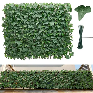 VEVOR Künstliche Hecke 63,5x320 cm, Pflanzenwand, Ausziehbarer Sichtschutz, Efeu-Sichtschutzzaun, Windschutz, Heckenzaun, Kunstpflanzen Balkonverkleidung für Hochzeiten, Außengärten, Hinterhöfe
