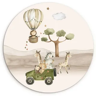 MuchoWow Wandbild Wilde Tiere - Safari - Aquarell - Heißluftballon 140x140 cm , Beige , Kunststoff , Rund , 140x140 cm , einfache und schnelle Anbringung , Bilder & Rahmen, Bilderrahmen, Bilderrahmen & Fotorahmen