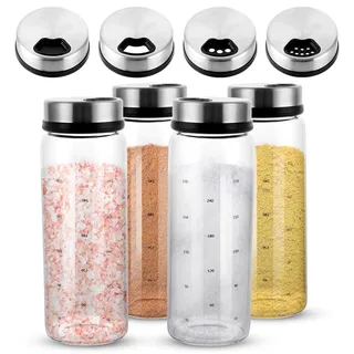 AKOLAFE 4 Stück Gewürzgläser mit Drehdeckel 300ml Gewürzstreuer Glas 16.5x6 cm Luftdicht Gewürzdosen mit 4 Arten von Gewürzlöchern Rund Salzstreuer aus Borosilikatglas der Küche Grillen Koche