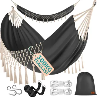 KESSER® Hängematte 320x150 cm belastbar bis 300 kg, wetterfeste & atmungsaktive Tuchhängematte mit Fransen für 1-2 Personen – Ideal für Camping, Garten & Outdoor, inkl. Beutel, Seile & Gurte - Grau