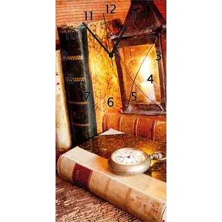 Wallario Design Wanduhr Antike Laterne mit Kerze alten Büchern und Taschenuhr aus Echtglas, Größe 30 x 60 cm - Schwarz
