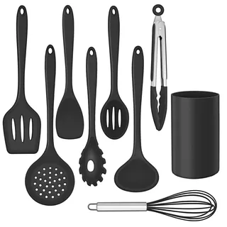 HaWare Küchenhelfer Set, 9-teiliges Silikon Küchenutensilien Kochbesteck Set, Hitzebeständiges Kochutensilien Kochgeschirr, Antihaft Küchenset mit Utensilienhalter, Spülmashinenfest - Schwarz