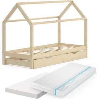 Hausbett Vitalispa Wiki Naturholz 90x200 cm mit Gästebett und 2 Matratzen, Model 37586 - Braun