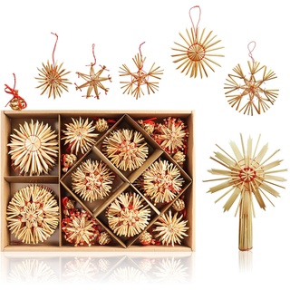 com-four® 69-teiliges Set Strohsterne - Christbaum-Schmuck aus Stroh - Stroh-Anhänger für den Weihnachtsbaum mit Christbaumspitze - Weihnachtsdekoration