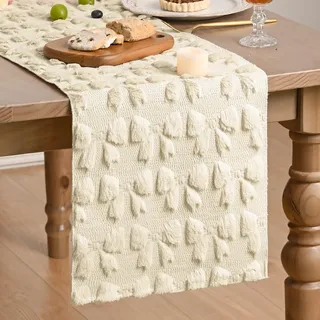 Artoid Mode Weich Plüsch Samt Faux Pelz Beige Schleife Valentinstag Tischläufer, Muttertag Hochzeit Küche Tisch Urlaub Party Dekor 33x183 cm