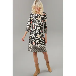 Jerseykleid ANISTON SELECTED, Damen, Gr. 40, N-Gr, schwarz, sanftes weiß, rot, Milano Rib, Obermaterial: 89% Viskose, 9% Polyester, 2% Elasthan, bedruckt, geblümt, gemustert, figurumspielend kniefrei, Rundhals, Kleider Jerseykleid, mit gemusterten Bordüren