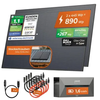 Solarway® 890Wp / 800W Balkonkraftwerk mit 1,6 kWh Speicher komplett Steckdose - 1,6 kWh Anker SOLIX 2 PRO Speicher