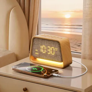 blonbar Wecker, Wecker mit Licht, Nachttischlampe mit 10 Weißgeräusche & 10 Naturgeräusche, 3 Stufige Helligkeit Nachtlicht für Schlafzimmer & Kinderzimmer