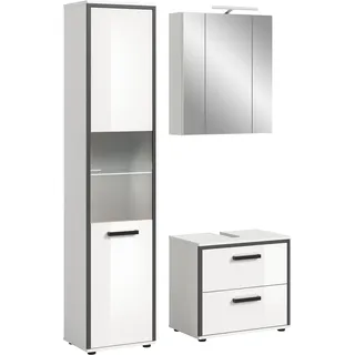 xonox.home - 3tlg. Kombination Kojak Badezimmerkombination in Front weiß Hochglanz Tiefzieh Korpus weiß Melamin - Badmöbelset - modern und funktional inkl. Beleuchtung