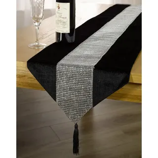 Skippys Schwarz Luxus Samt Diamanten Tischläufer/Tischdecke Couchtisch Tuch mit Quasten (33 x 183 cm)