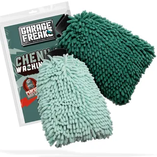 Auto Waschhandschuh 2er Pack - Chenille Washing Glove Set mit extrem weichen Mikrofasern - Wash Mitt für eine schonende Lackpflege - 1x Dunkelgrün, 1x Hellgrün - Garage Freaks