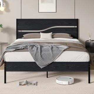 VECELO Bettgestell 140 x 200 cm, Metallbett mit Doppelschicht Holzkopfteil und Lattenrost, Modern Gästebett Jugendbett mit Stauraum Unter Dem Bett, Perfekt für Schlafzimmer, Schwarz