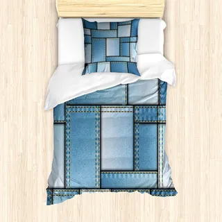 ABAKUHAUS Land Mantele, Denim Patchwork-Muster, Milbensicher Allergiker geeignet mit Kissenbezügen, 135 cm x 200 cm - 80 x 80 cm, Blau - Blau