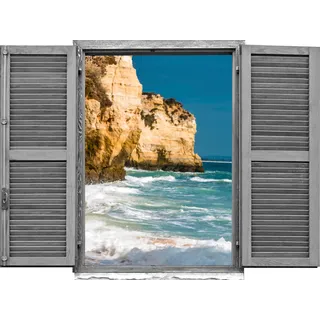 queence Wandtattoo »Klippen im Meer«, (1 St.), Wandsticker, Wandbild, selbstklebend, 3D, Fenster, blau