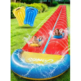 Jambo Extra Lange Rutsch- und Wasserrutsche mit 2 Bodyboards, robuste doppelte Wasserrutschbahn mit aufblasbarem Aufprallkissen, Outdoor-Wasserspielzeug für den Garten, 32 Fuß XXL-Rutsche