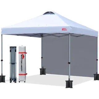 MASTERCANOPY Pop-up-Pavillon mit Seitenwand 3x3 Schnellaufbau, 3-Fach höhenverstellbar, UPF50+, wasserabweisend, inkl. Rolltasche + 4 Sandsäcke, für Camping, Events, Garten, Weiß