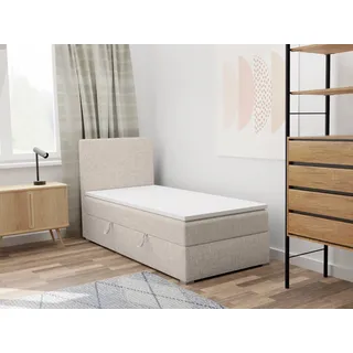 FEDVE Boxspringbett Einzelbett KOLORADO MINI mit Bettkästen Jugendbett mit Bonell-Matratze und Topper 90x200 Links - Beige