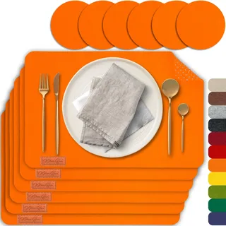 MAHEWA® 6er Set Premium Tischset Platzset aus Filz rutschfest Ab-waschbar und Waschmaschinenfest Eckige Platzdeckchen (6er Set, Orange)