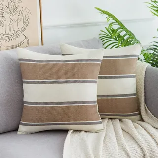 DakTou Sofakissen 40x40 Braun Streifen Kissenbezüge Dekokissen Kissenhülle Leinen Bauernhaus Moderne Couchkissen Kissenhülle für Sofa Büro Couch Stuhl Schlafzimmer 2 Stück