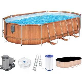 Bestway Steel Pro MAX Comfort Jet Series Frame Pool Set, 610 x 366 x 122 cm, Holz-Optik, 20.241 L, TriTech-Material, Comfort Jet-Düsen, Filterpumpe, Antihaftbeschichtung, Sicherheitsleiter, LED-Licht