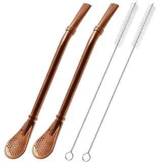 Edelstahl Trinkhalme mit Filterlöffel, 2 Pack Tee-Strohhalme, Mate Bombilla, Kaffee-Rührstab für Eistee, Cocktail, mit 2 Reinigungsbürste (Roségold)