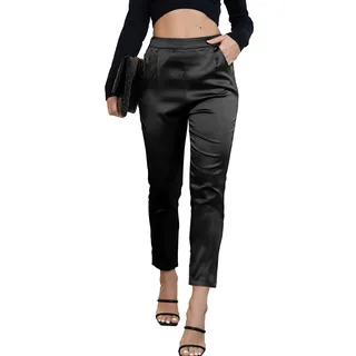 heipeiwa Damen Satin Hosen Kleid Casual Plissee Pull on High Waist Pants mit Taschen, Drapeblack, X-Klein