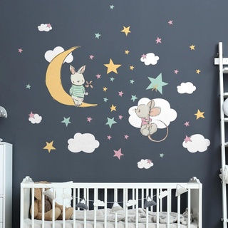 Wandsticker Kinder - Dekoration Babyzimmer - Wandtattoo Kinderzimmer - Wandaufkleber Hase und Maus auf der Suche nach den Sternen - H80 x 60 cm