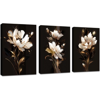 3 Pcs Leinwandbilder Bilder mit Rahmen Schwarz Gold Pfingstrose Blumen bild auf leinwand Wandkunst Wandbilder Kunstdruck Deko für Wohnzimmer Schlafzimmer fertig zum Aufhängen 120x60cm(40x60x3)