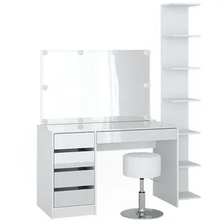 Vicco Schminktisch Sherry Weiß 4 Teile, mit Aufbewahrungsregal, Spiegel, Hocker, Led , Holzwerkstoff , 13 Fächer , 5 Schubladen , Rechteckig,Rechteckig , 120x75x55 cm , Schlafzimmer, Schminktische