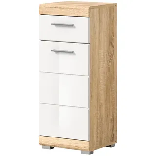 Inn.Furn Kommode weiß Hochglanz, Eiche 37 cm Badschrank mit Vollauszug , Holzwerkstoff , Nachbildung , Uni, Holz Optik , 1 Fächer , 1 Schubladen , Rechteckig , 37x88x31 cm , FSC Mix , Badezimmer, Badmöbel, Midischränke