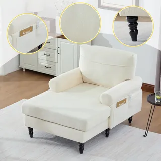 Minimalistischer Einzelsofa aus Chenille Stoff mit Holzbeinen Seitentaschen Beige für Wohn und Schlafzimmer - Beige
