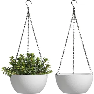 T4U Blumentopf Hängend Plastik 2er Set, Φ25CM Hängetopf Pflanzen Weiß, Blumenampel mit Haken Rund, Hängender Blumentopf, für Innen und Außenbereich, Deko Hängend, Hängetopf für Büro, Zimmerpflanzen