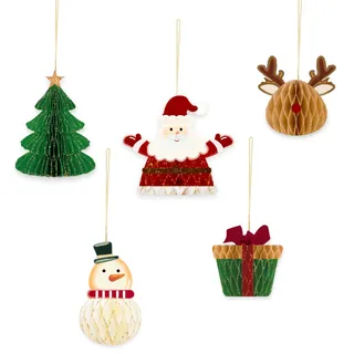 NICROHOME EUR 5 Stück Weihnachten Hängende Dekorationen, Papier Waben Hängestück mit Weihnachtsmann, Weihnachtsbaum, Elch, Schneemann, Geschenkbox-Form für Weihnachts und Neujahrs Hängedekoration