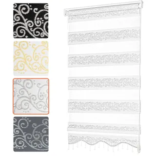 Doppelrollo Klemmfix ohne Bohren mit Perlen mit Volant Jalousien Gardinen Blumen Ranken Muster Weiß Silber 110 x 200 cm (Stoffbreite 106cm) - Weiß
