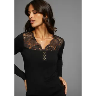 Spitzenshirt LAURA SCOTT, Damen, Gr. 44, schwarz, Jersey, Obermaterial: 95% Viskose, 5% Elasthan. Spitze: 95% Polyamid, 5% Elasthan, unifarben, sehr figurbetont hüftlang, V-Ausschnitt, Shirts Spitzenshirt, mit hübschen Zierknöpfen, Topseller