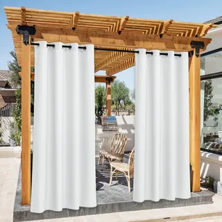 PONY DANCE Outdoorvorhang Wetterfest 2er Set H 213 x B 140 cm Pavillon Vorhänge Outdoor Gardinen Wasserdicht Sichtschutz & Sonnenschutz Balkon Vorhang Grau Blickdicht Ösenschal, Weiß