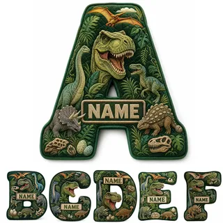 DGJSSK Individuelles Dino-Buchstabenkissen mit Namensaufdruck, Plüsch Dschungel Dinosaurier Dekokissen, personalisierte Initial Kissen, einzigartiges Geburtstagsgeschenk für kleine Dinosaurier-Fans