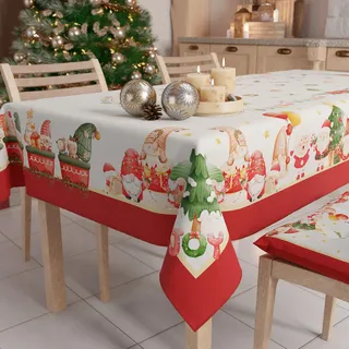 Petti - Weihnachtstischdecke Tischdecke 140 x 180 cm, rechteckig, schmutzabweisend & fleckenabweisend, Pflegeleichte Mikrofaser mit Motiv Wichtel, ideal für Advent & Weihnachten