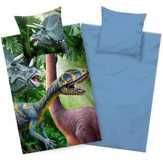 Aminata kids Dino Bettwäsche 135x200 Kinder-Bettwäsche Dinosaurier-Motiv Baumwolle Jungen mit Reißverschluss blau bunt weich