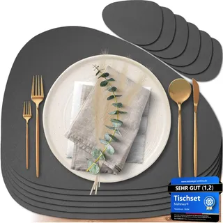 Mahewa® 6er Set Premium Tischset aus Kunstleder - Platzset abwaschbar und wasserdicht - Platzdeckchen Telleruntersetzer in Lederoptik (Dunkelgrau, Oval)