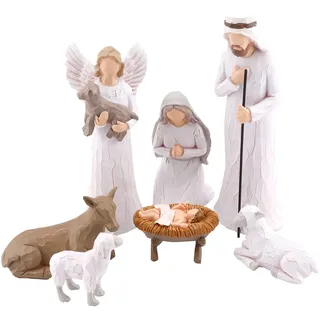 CHUANGLI Krippenfiguren Set, Handbemalte Krippenfiguren, 7 Krippe Handbemalte Harzfiguren, JesusBaby, Maria, Josef, Esel, Engel und Zwei Schafe, Weihnachtsdeko Geschenke