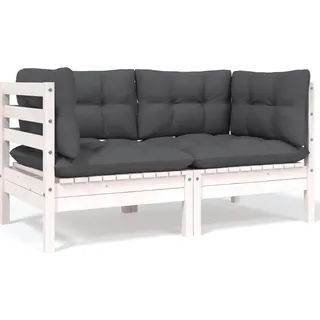 The Living Store Gartensofa 2-Sitzer mit Kissen in Weiß Massivholz Kiefer - Weiß