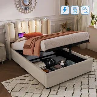 okwish Polsterbett 90x200cm, Einzelbett-Leselampe mit Ladefunktion, Bettgestell mit Stauraum am Kopfteil, Leinen-Teenagerbett 90x200cm mit Lattenrost, Naturfarbe (Matratze nicht im Lieferumfang enthalten) - Beige