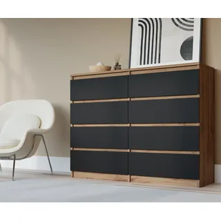 Komodenschrank mit 8 Schubladen, Farbe: Wotan Eiche & Schwarz, A: 120 x 101 x 39 cm, Schubladenkommode, Kommode mit Schubladen, Sideboard Wohnzimmer, Schlafzimmer Kommode, Kommode Schwarz, Kommode Flur, Highboard - Braun, Schwarz