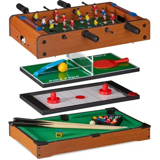 Relaxdays Multigame Tisch 4 in 1, Tischkicker, -tennis, -hockey & Billard, Kinder & Erwachsene, Multi Spieltisch, braun