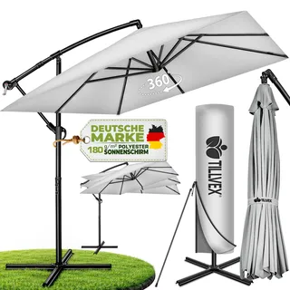 tillvex® Alu Sonnenschirm Rechteckig Ø 330 cm Grau + Abdeckung mit Kurbel | Ampelschirm Eckig mit Ständer | Gartenschirm UV-Schutz Aluminium | Kurbelschirm Marktschirm wasserdicht 360° drehbar - Grau