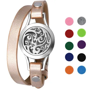 Flongo Aromatherapie Lederarmband Damen-Armband Armreif Aroma Locket Diffuser Duftstofflocket mit Farbigen Filz-Pads ätherisches Öl Diffusor für Frauen Silber