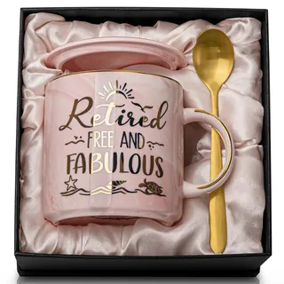 Ruhestand Geschenk für Frauen, Renteneintritt Geschenk Frau Tasse, Rente Geschenke für Frauen, 14Oz Keramik Personalisiert Kaffeetassen mit Karte, Löffel, Becherdeckel, Geschenkbox, Rosa Karte